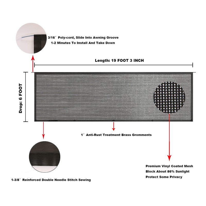 Tentproinc RV Awning Sun Shade Screen 6' X 19' 3'' (Fit for 20' Awning) Mesh Sun Screen Sunshade Motorhome Camping Trailer Awning Shade UV SunBlocker Shadescreen - 3 Year Warranty (Black) - Image 5